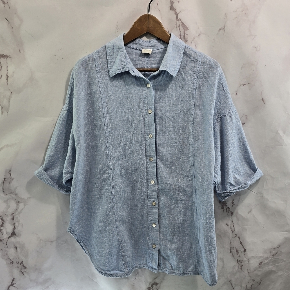 Poetry Shirt Womens 14 Large Blue Linen Blend Button Short Sleeve Boxy Cuffed